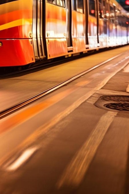 movimento desfocado do transporte público do bonde de Sydney dentro do centro da cidade à noite