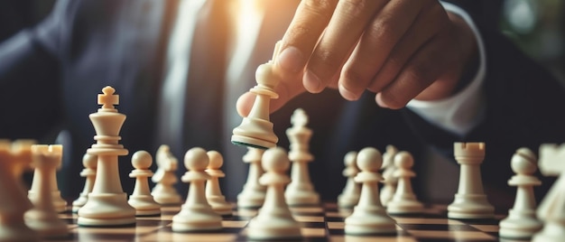Foto movimento estratégico uma mão pronta para fazer um movimento decisivo de xadrez uma metáfora para táticas de negócios