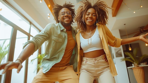 Movimentos de dança alegres de um casal afro-americano dentro de casa