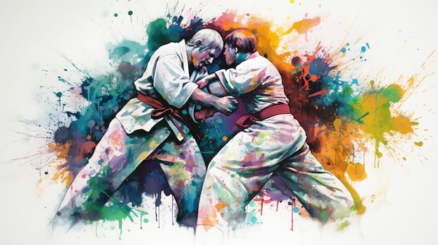 Movimentos graciosos de Jiu Jitsu em aquarelas suaves