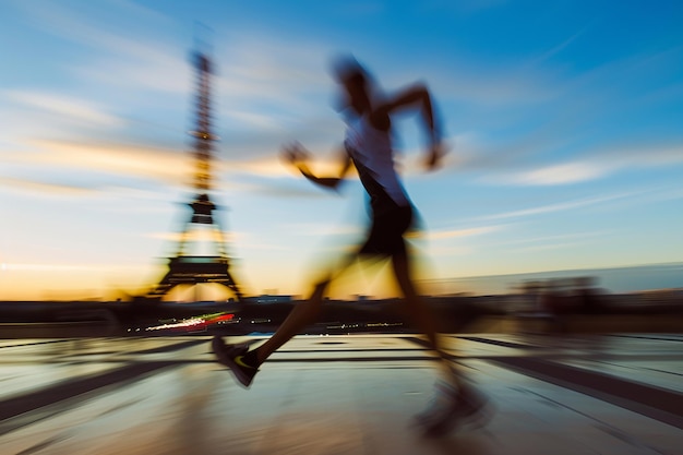 El movimiento borroso de los atletas que corren con la Torre Eiffel de París en el fondo