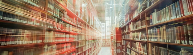 Movimiento borroso de un pasillo de la biblioteca lleno de libros que muestran la vasta colección de literatura en