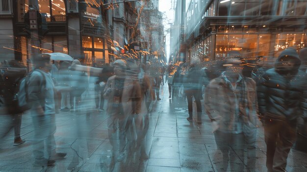 El movimiento borroso de personas caminando por una calle concurrida de la ciudad con luces que se reflejan en el pavimento mojado por la noche