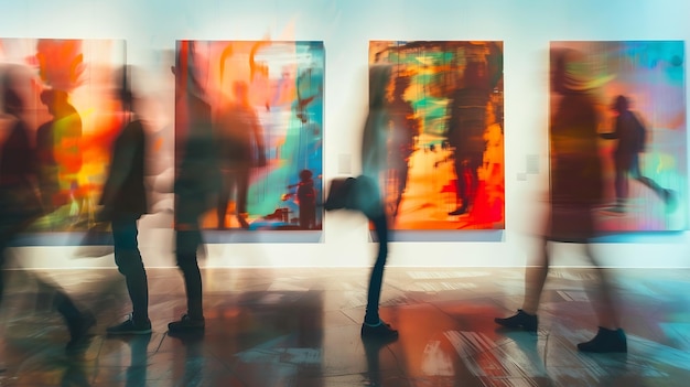 Foto movimiento borroso de personas que pasan a través de las pinturas en la pared de la galería de arte ia generativa