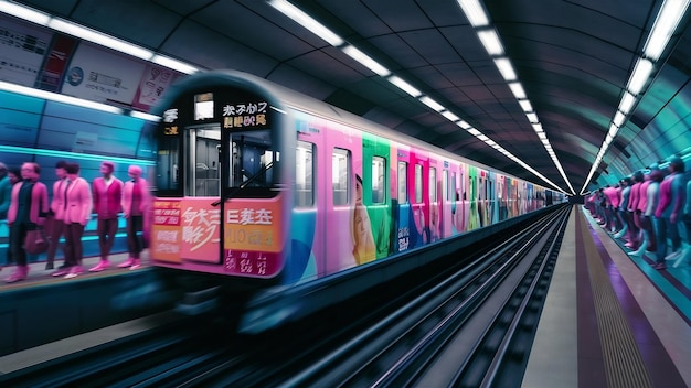 El movimiento borroso del tren automático que se mueve dentro del túnel en Tokio, Japón