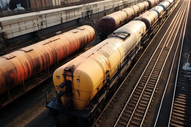 Foto movimiento de carga vista superior de vagones ferroviarios y tanques para la logística