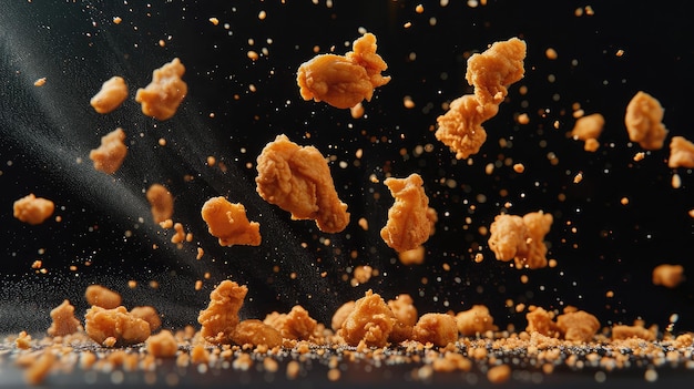 Movimiento de congelación de piezas voladoras de piezas de pollo frito sobre fondo negro Concepto de comida levitando