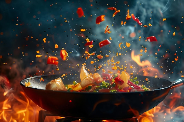 Movimiento de congelación de Wok Pan con ingredientes voladores Llamas de fuego