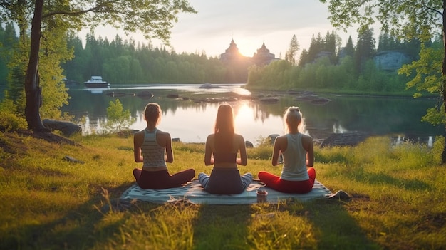 Movimiento consciente en el parque Las mujeres jóvenes practican yoga para mantenerse en forma y bienestar IA generativa