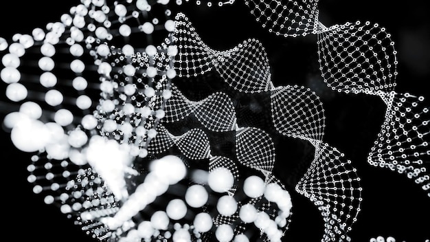Movimiento giratorio de esferas voladoras en el diseño espacial formas espirales monocromáticas de pequeños puntos