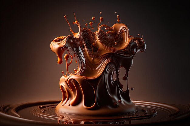 En movimiento líquido de chocolate pequeñas pralinas exquisitas y salpicaduras de líquido de chocolate