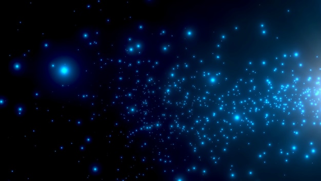 Movimiento de partículas azules y estrellas en la galaxia, fondo abstracto. Elegante y lujoso estilo de ilustración 3d para plantilla de cosmos y vacaciones