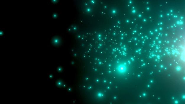 Movimiento de partículas verdes y estrellas en la galaxia, fondo abstracto. Elegante y lujoso estilo de ilustración 3d para plantilla de cosmos y vacaciones