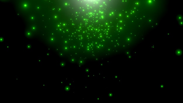 Movimiento de partículas verdes y estrellas en la galaxia, fondo abstracto. Elegante y lujoso estilo de ilustración 3d para plantilla de cosmos y vacaciones