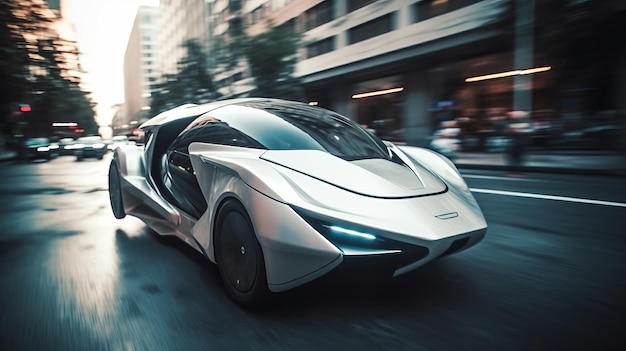 Movimiento rápido en la ciudad coche volador futurista movimiento borroso AI generado