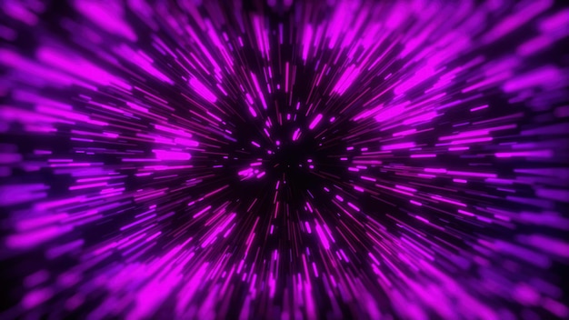 Movimiento de renderizado 3d a través de estrellas Hipersalto a otra galaxia Velocidad de luz neón rayos brillantes en movimiento Fondo cósmico moderno abstracto generado por computadora