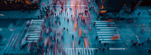 Movimiento urbano multitudes borrosas cruzando vista aérea