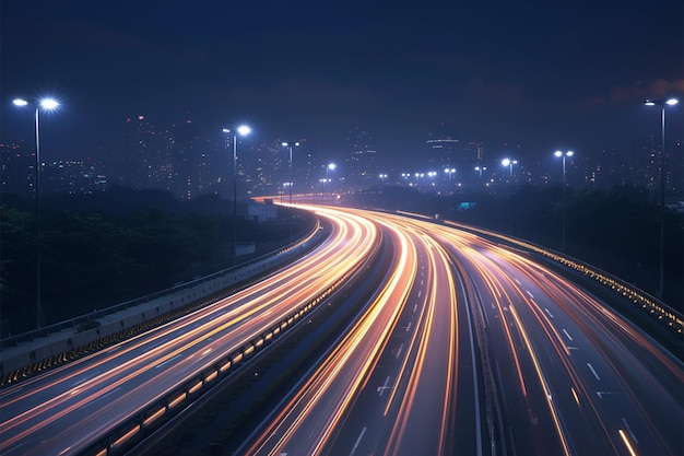 Movimiento urbano Los senderos de luces de automóviles por la noche crean un cautivador resplandor de la carretera