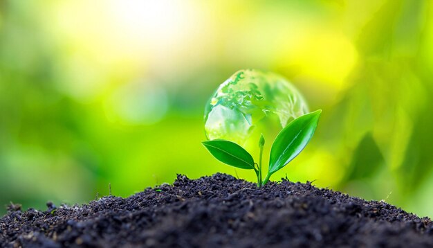 Foto movimiento verde en el día mundial de la tierra con una planta verde joven que crece a la luz del sol ecología ecológica