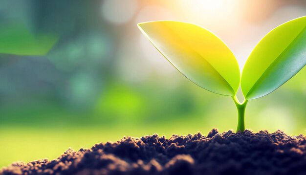 Foto movimiento verde en el día mundial de la tierra con una planta verde joven que crece a la luz del sol ecología ecológica