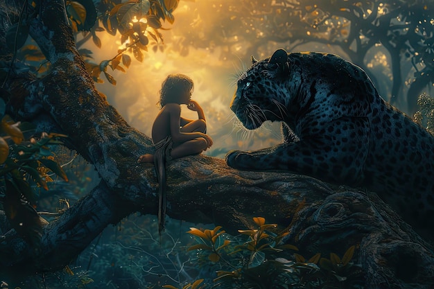 Mowgli um menino selvagem negro em uma bela árvore em uma selva exuberante ao lado da Grande Pantera Negra uma criança selvagem