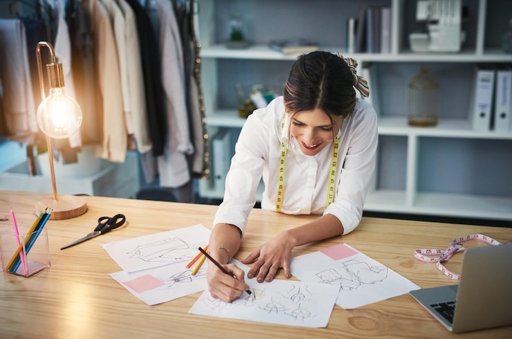 Foto mozka alfaiate e desenho em mesa laptop e designer de moda com habilidades de design e pequenos negócios empreendedor lápis e arte no local de trabalho boutique e loja para a indústria de roupas e sorriso