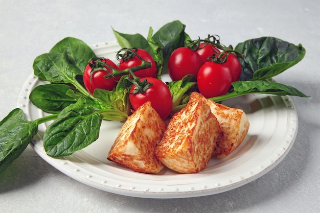 Mozzarella halloumi de requesón frito con tomates cherry y espinacas verdes sobre una mesa de hormigón gris