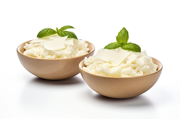 Mozzarella-Käse in Schüsseln auf weißem Hintergrund