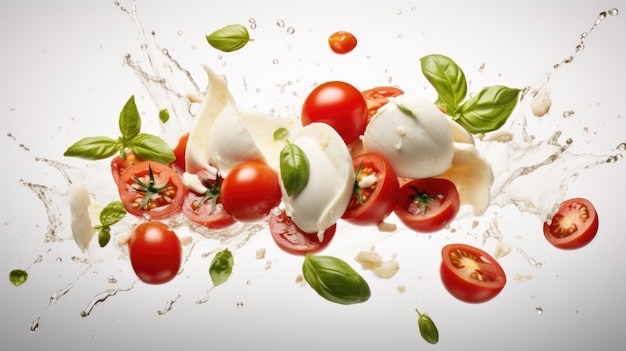 Mozzarella-Käse-Kugeln, Tomaten und Basilikumblätter für Caprese-Salat auf weißem Hintergrund