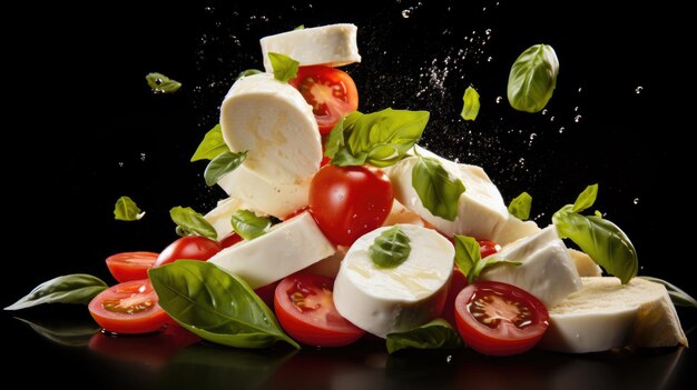 Mozzarella-Käse, Tomaten und Basilikumblätter für Caprese-Salat auf schwarzem Hintergrund