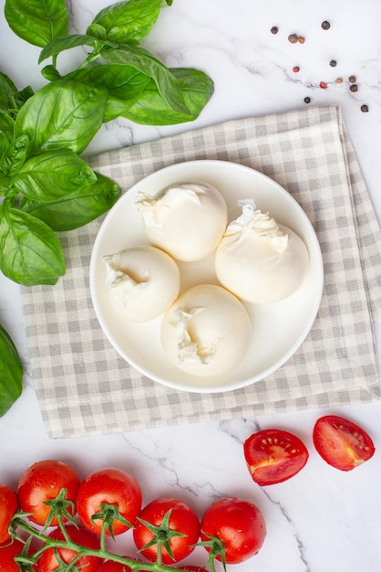 Mozzarella con mantequilla de tomate y albahaca sobre fondo blanco