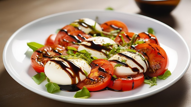 Foto mozzarella mit balsamico und tomaten auf einem teller