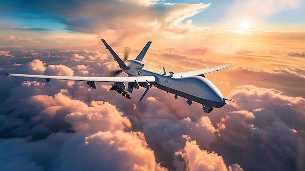 MQ9 Reaper Drohne fliegen schnell durch die Wolken militärische Technologie Konzept