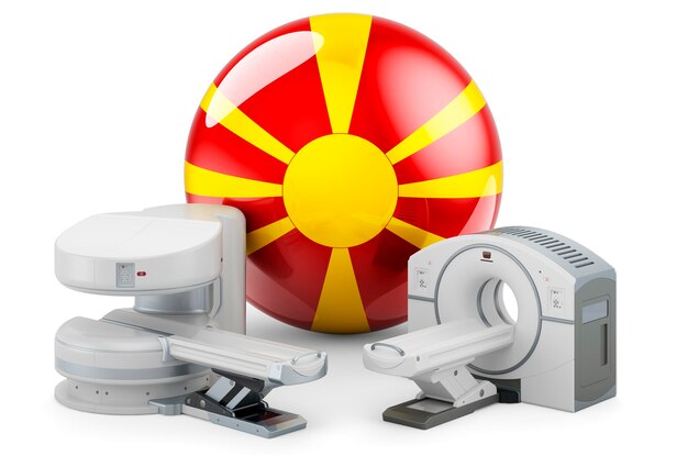MRT- und CT-Diagnoseforschungszentren in Mazedonien MRT-Gerät und CT-Scanner mit mazedonischer Flagge 3D-Darstellung isoliert auf weißem Hintergrund
