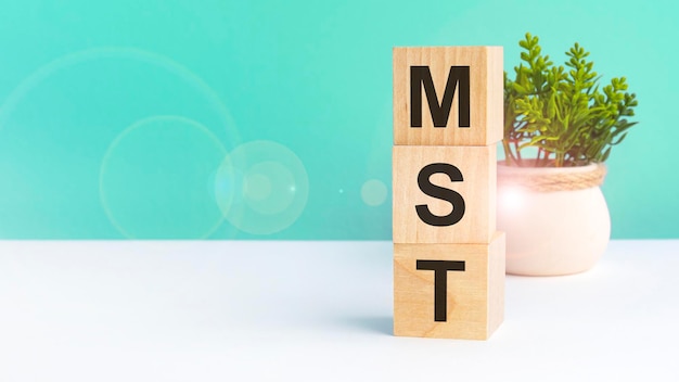 MST-Text auf Holzwürfel Geschäftskonzept Vorderansicht MST-Akronym Marketing Solutions Technologies