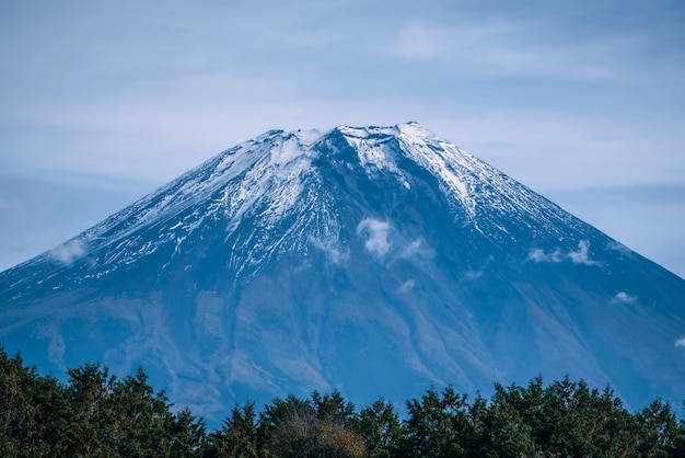 Mt. Fuji auf Hintergrund des blauen Himmels mit Herbstlaub tagsüber in Fujikawaguchiko, Japan.