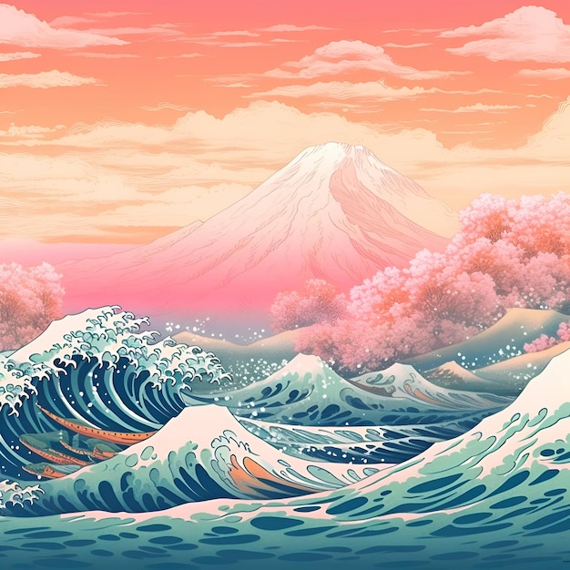 Mt Fuji y las olas al atardecer vector ilustración