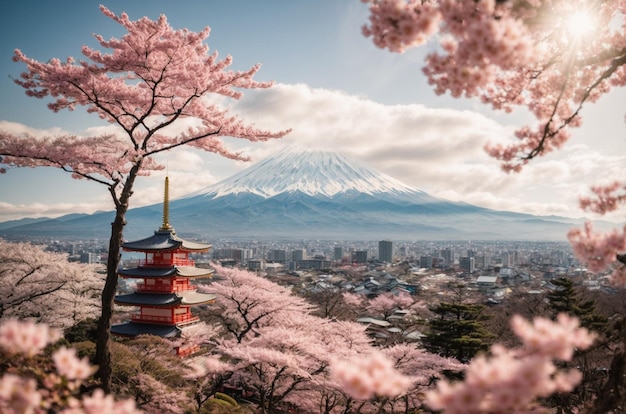 Mt. Fuji und Kirschblüte am Kawaguchiko-See in Japan