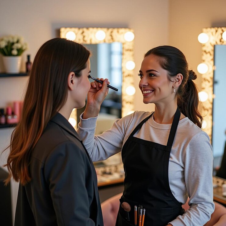 MUA profesional aplicando maquillaje a una modelo en un salón de belleza Artista de belleza poniendo sombra de ojos a una joven