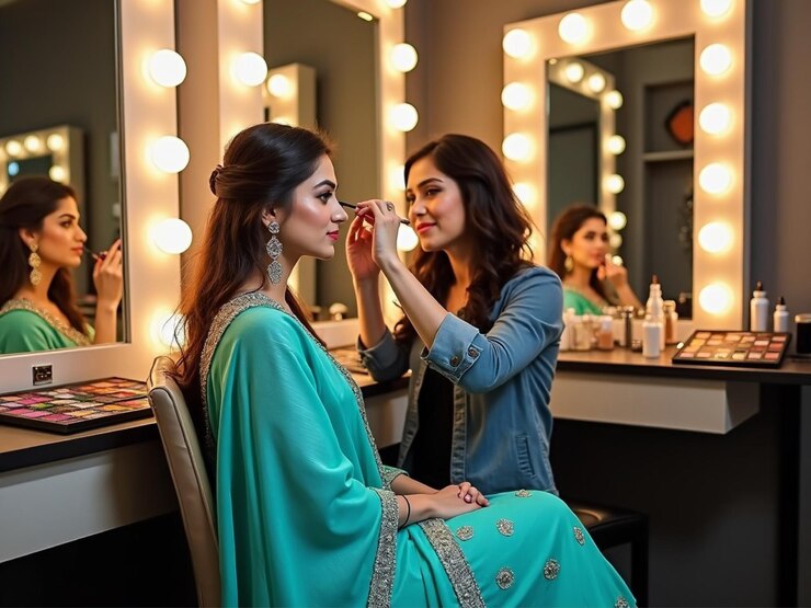 MUA profesional aplicando maquillaje a una modelo en un salón de belleza Artista de belleza poniendo sombra de ojos a una joven