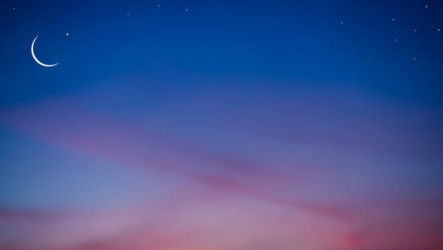 Mubarak Ramadán Mes Musulmán Islámico Luna SímbolosLuna creciente y estrella en el cielo nocturno Atardecer Naranja Rosa Azul Noche FondoCrepúsculo Espacio libre para Eid Al AdhaEid Al FirrReligioso de Muharram