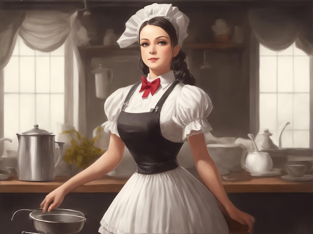 Mucama en la cocina personaje de anime de ilustración 3D