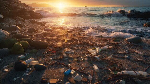Mucha basura derramada en la playa de la gran ciudad Concepto de medio ambiente Concepto de protección del medio ambiente IA genérica