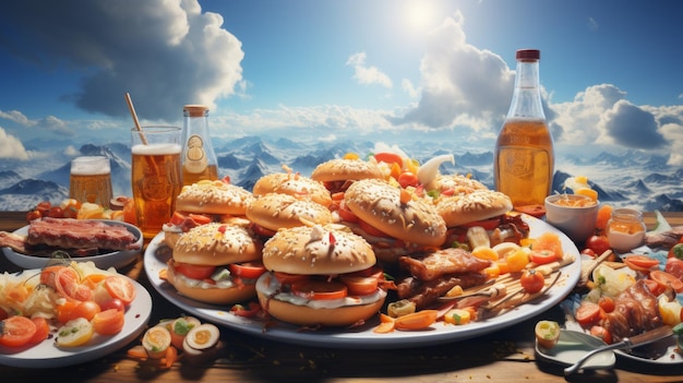 Mucha comida y bebida en una mesa en las montañas