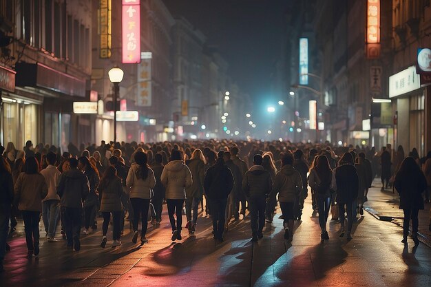 Mucha gente caminando por la calle por la noche.