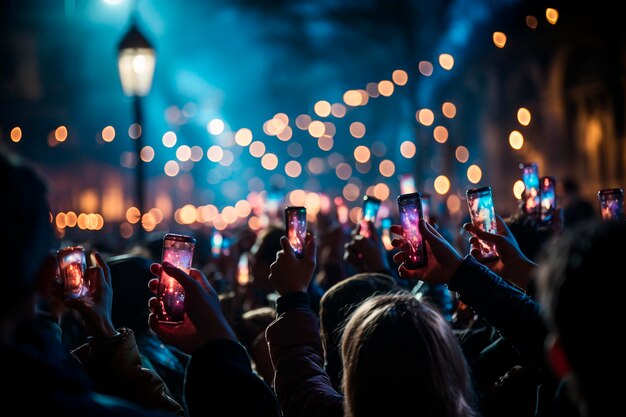 Mucha gente con teléfonos móviles en un concierto en el club