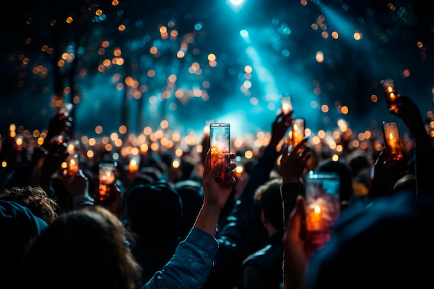 Mucha gente con teléfonos móviles en un concierto en el club