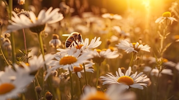 Mucha manzanilla en la pradera de verano en la naturaleza bajo el sol al atardecer y un abejorro volador