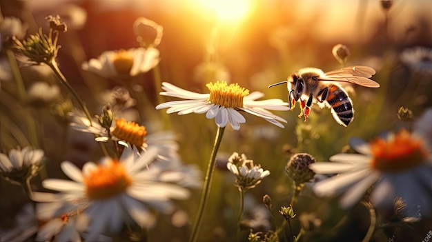 Mucha manzanilla en la pradera de verano en la naturaleza bajo el sol al atardecer y un abejorro volador