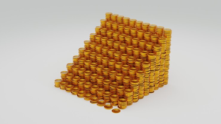 Mucha pila de bitcoins de oro. Representación 3D